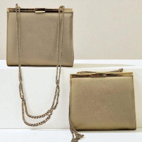 Champagne Shimmery Evening Shoulder Clutch Purse - Picture 1 of 5